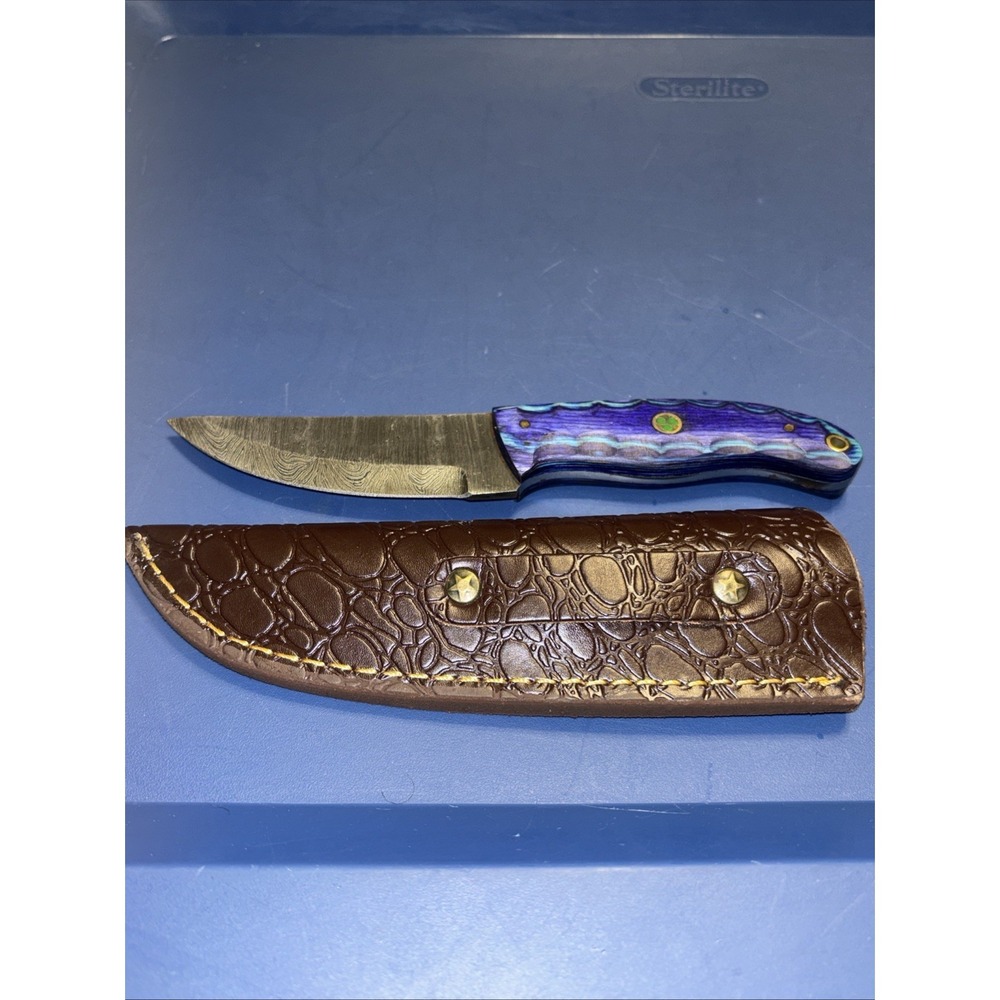 Custom Handmade Damascus Steel Fixed Blade Knife 8" Purple Wood Sheath